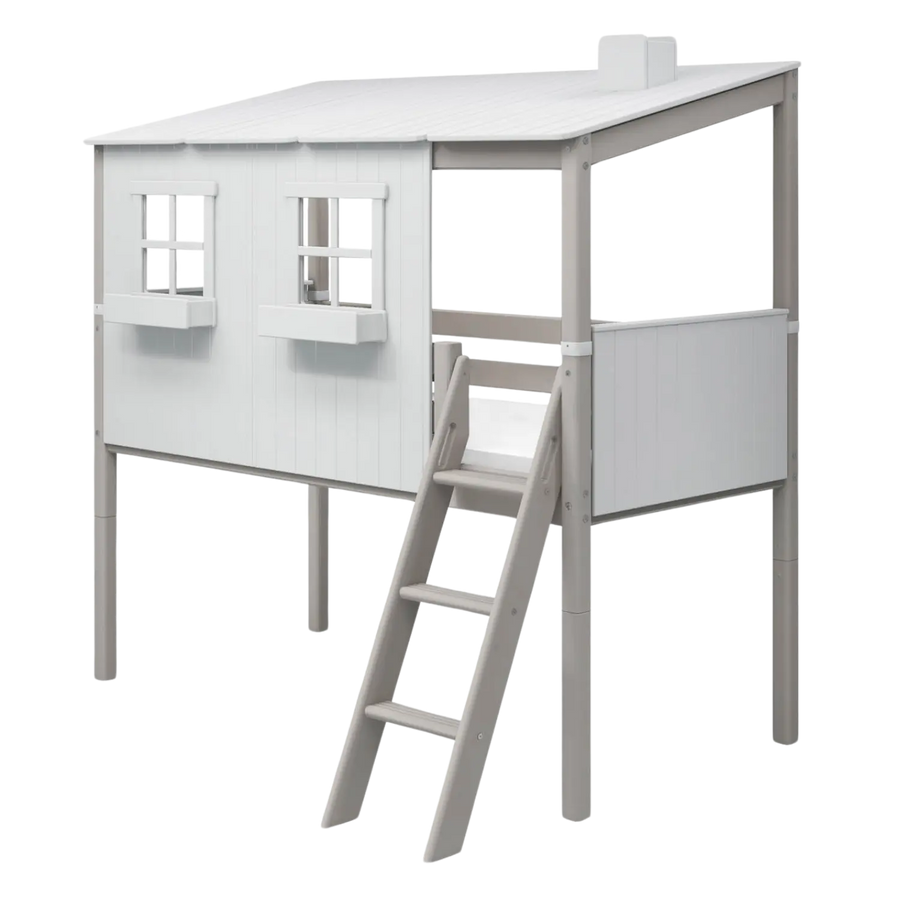 FLEXA Mid-High Bed with House and Ladder, 90x200 cm, White/Grey