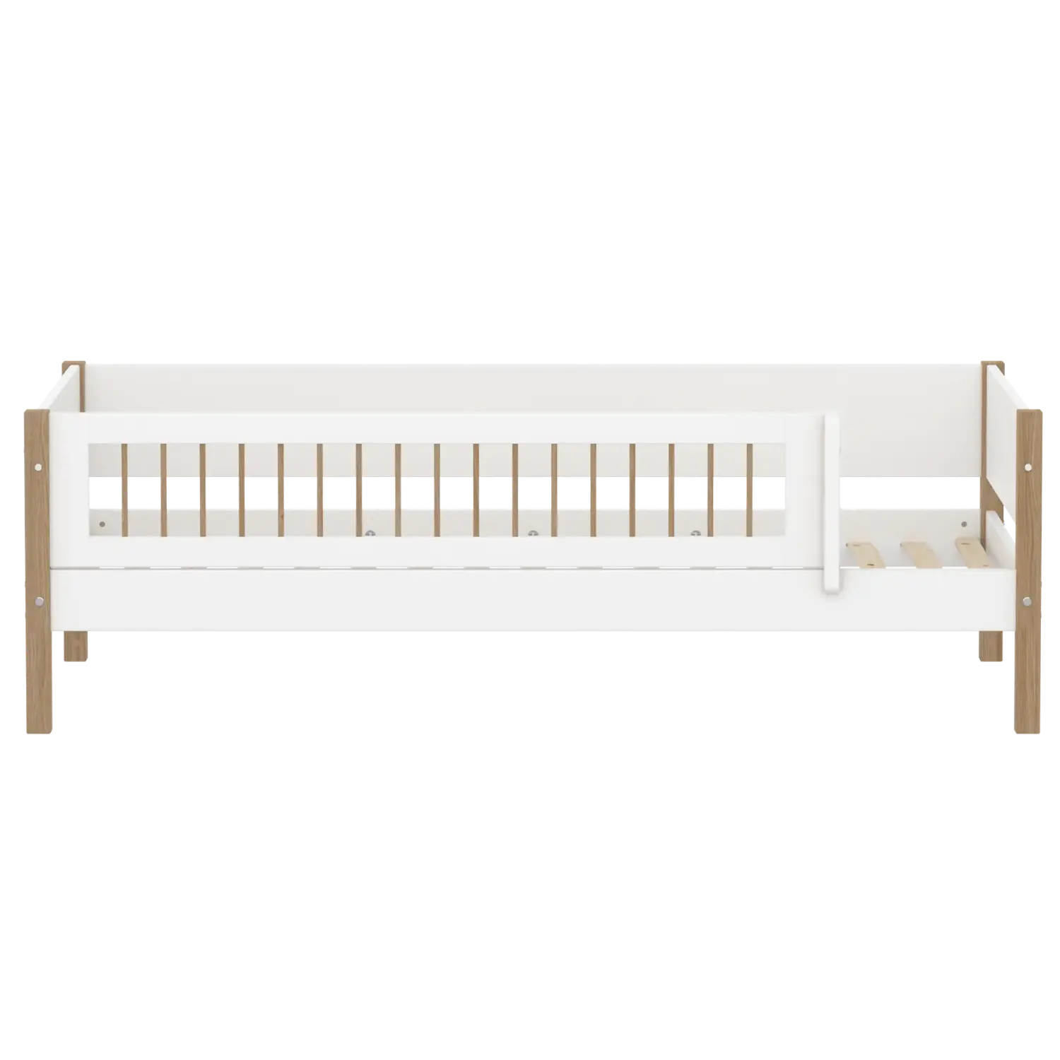 Single Bed with Safety Rail, 90x200 cm, White/Oak FLEXA SINGLE_BED daybed-f-wht-w-front-safety-200x90cm-legs-crossbars-oak   90X200 flexa-com.myshopify.com